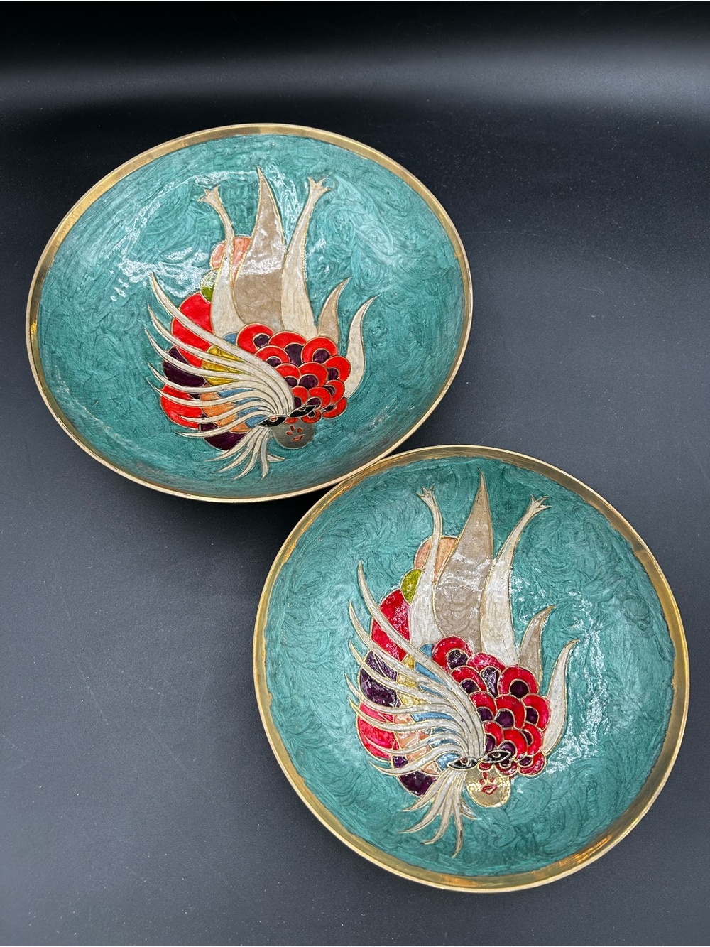Enamel and Brass Art Deco Inspired Decorative Bowls with Blue